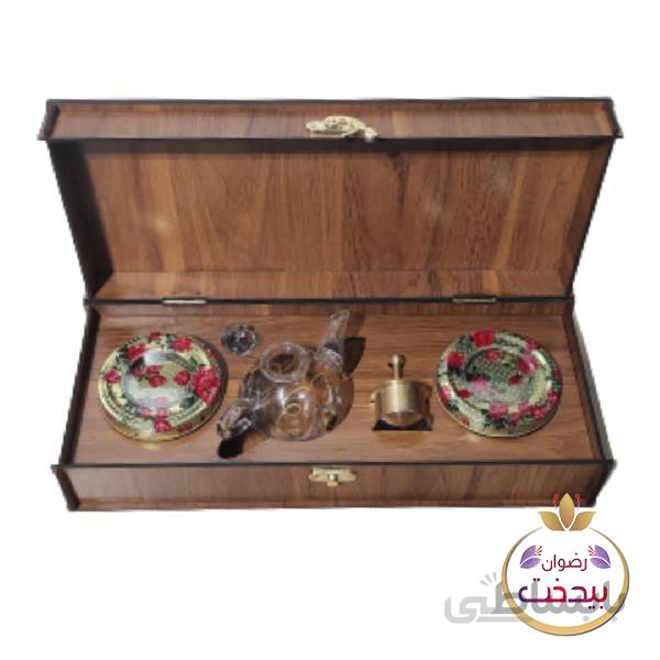 جعبه زعفران چوبی 30*12سانت با هاون و قوری وظرف 2عدد خاتم نیم مثقال