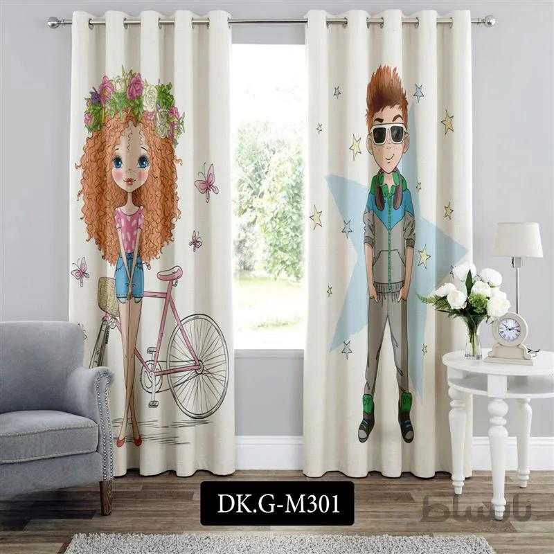 پرده پانچی (هازان و مخمل) کد DK.G.M301 طرح دخترانه دختر و دوچرخه