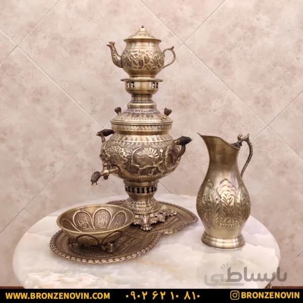 سماور شیر و خورشید زغالی برنجی آنتیک ۴ لیتری با سرویس