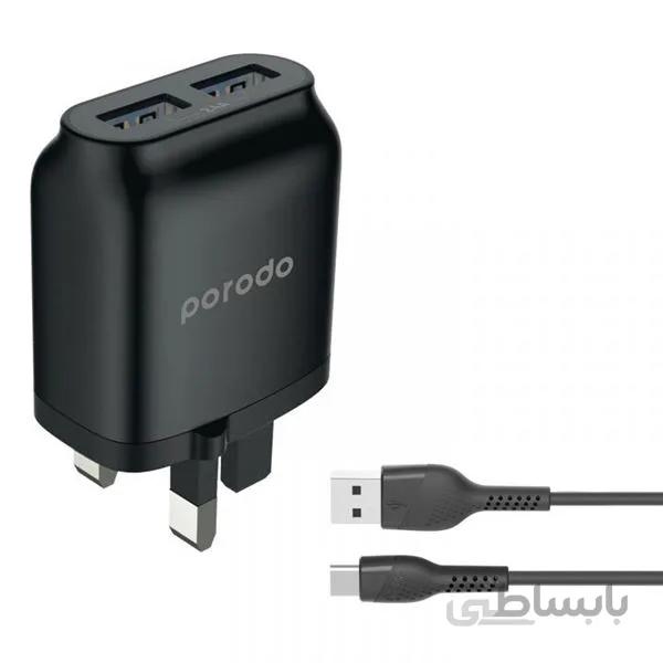 فست شارژر دیواری Type C پرودو با کابل 1.2 متر- Porodo Dual USB Wall Charger 2.4A with Improved Version PVC Type-C Cable 1.2m - Black