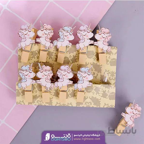 بسته ۱۰ عددی گیره چوبی طرح یونیکورن