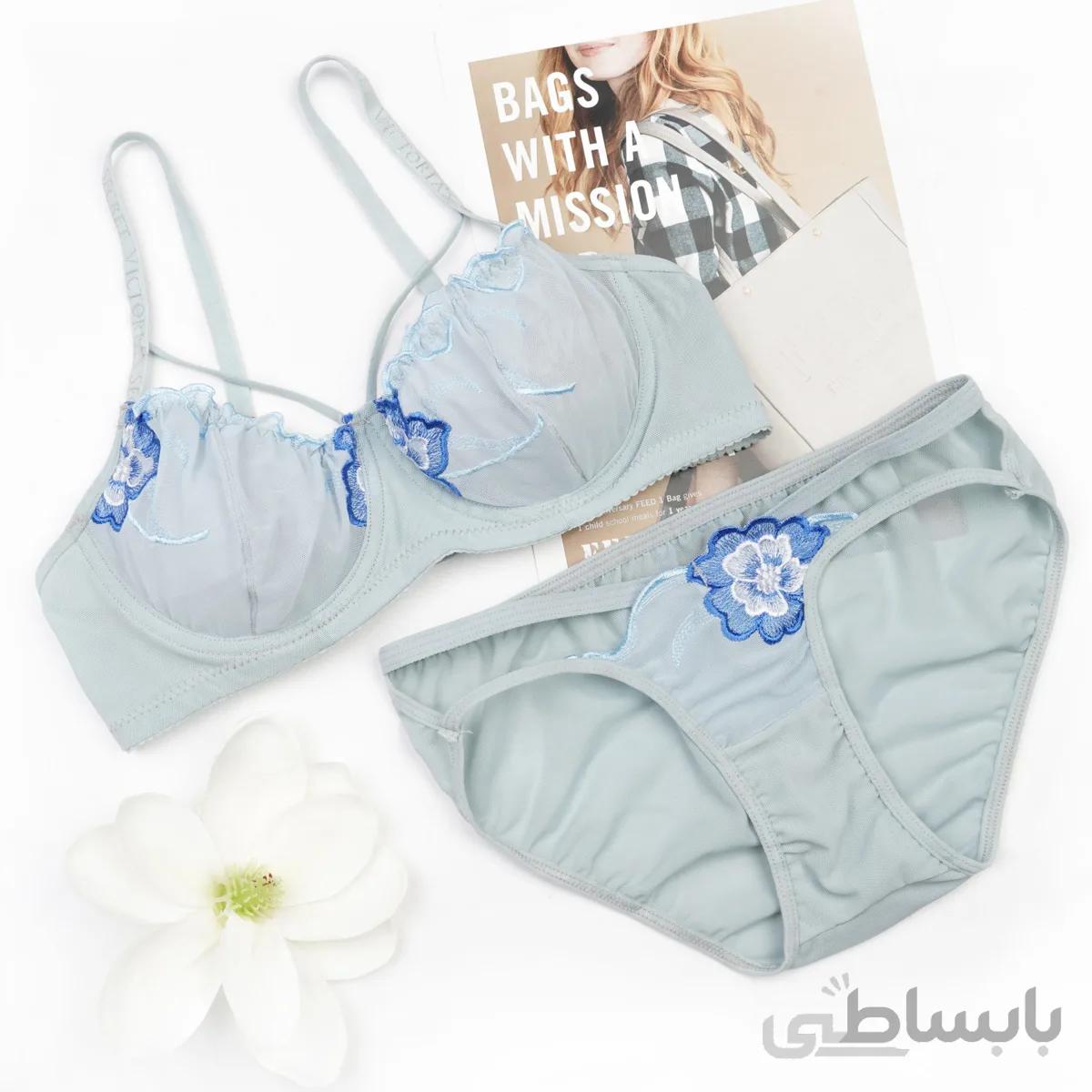 ست لباس زیر گلدوزی بدن نما آبی دلفینی طرح 1