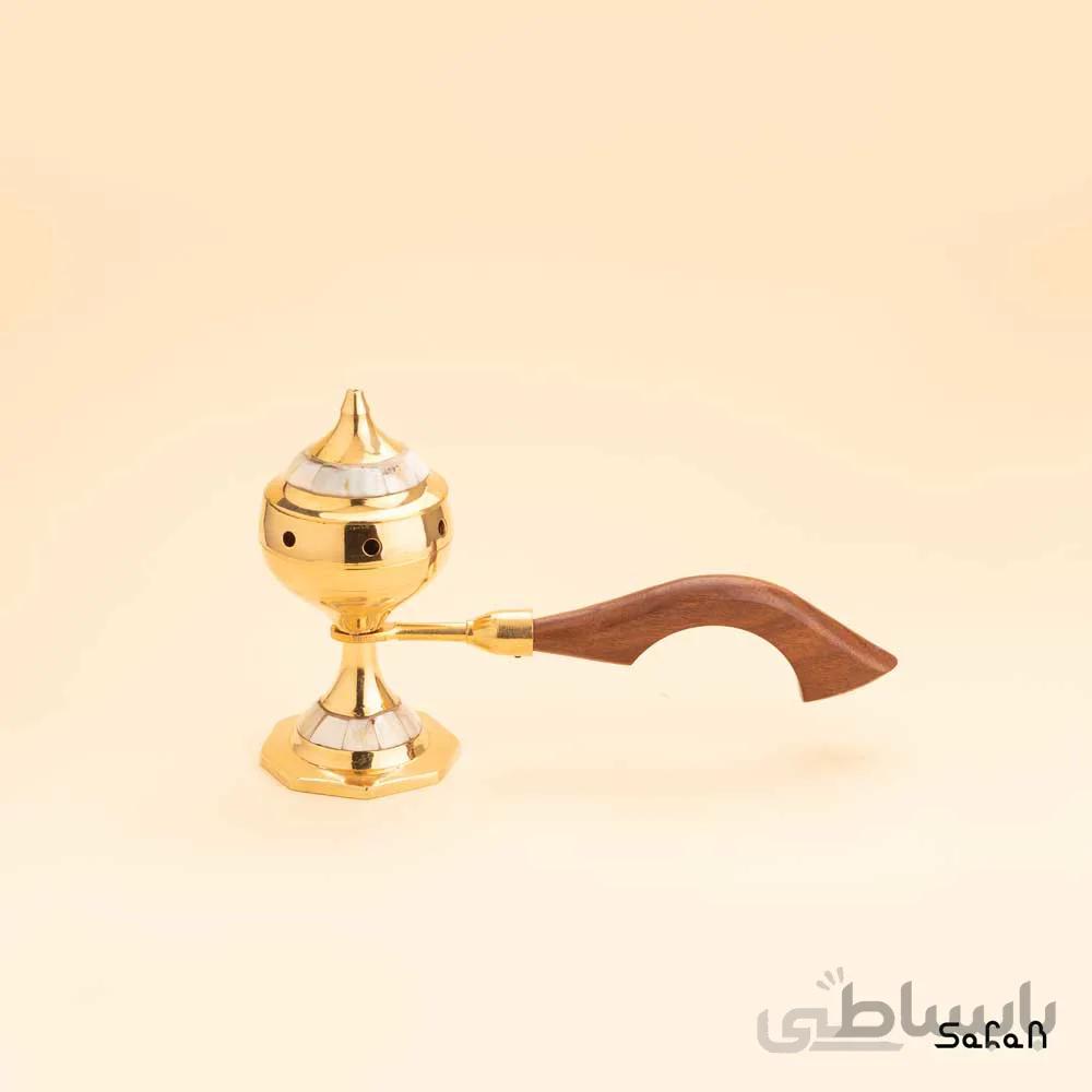اسپند دود کن برنجی و صدفی طلایی دسته چوبی مدل کرو سایز 1