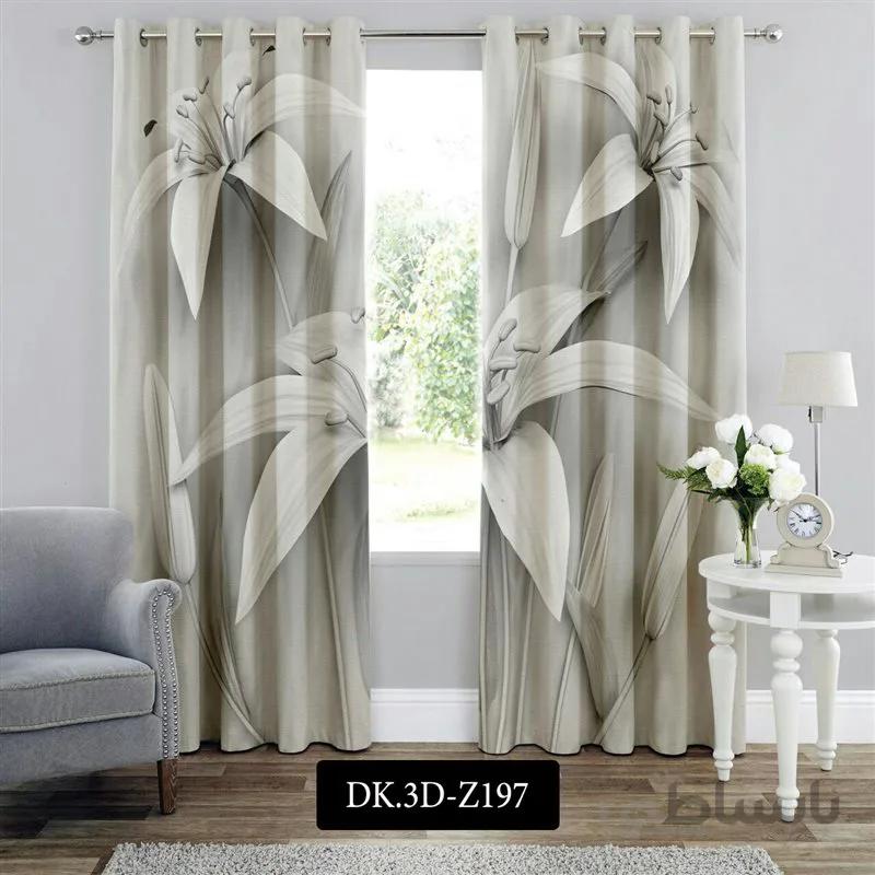 پرده پانچی (هازان و مخمل)کد DK.3D.Z197 طرح سه بعدی گل های طوسی