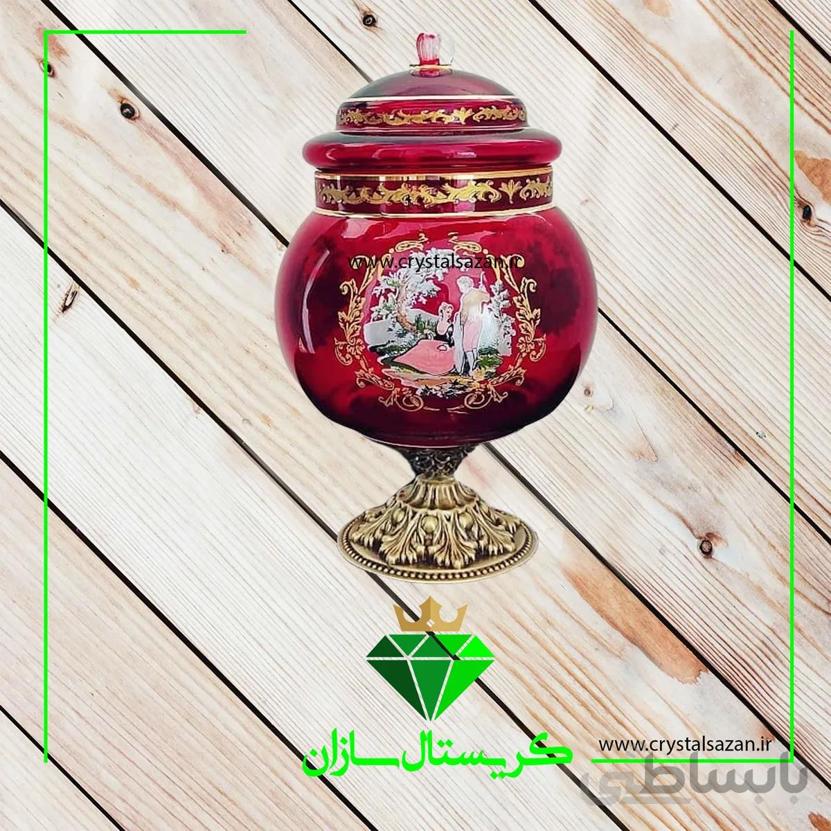 شکلات خوری درب دار و پایه دار مدل رومنس کریستال سازان قرمز رنگ کد K1266