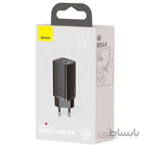 شارژر دیواری فست شارژ بیسوس توان 65وات Baseus GaN2 Lite Dual Type-C PD QC3.0 CCGAN2L-E01 65W EU