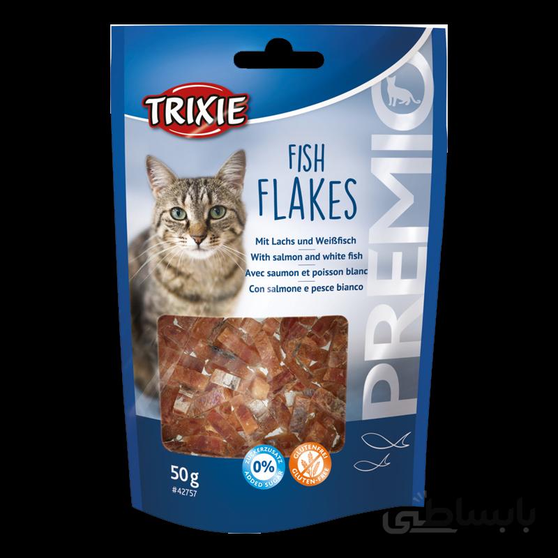 تشویقی گربه تریکسی مدل Fish Flakes با طعم ماهی سالمون و ماهی سفید وزن 50 گرم