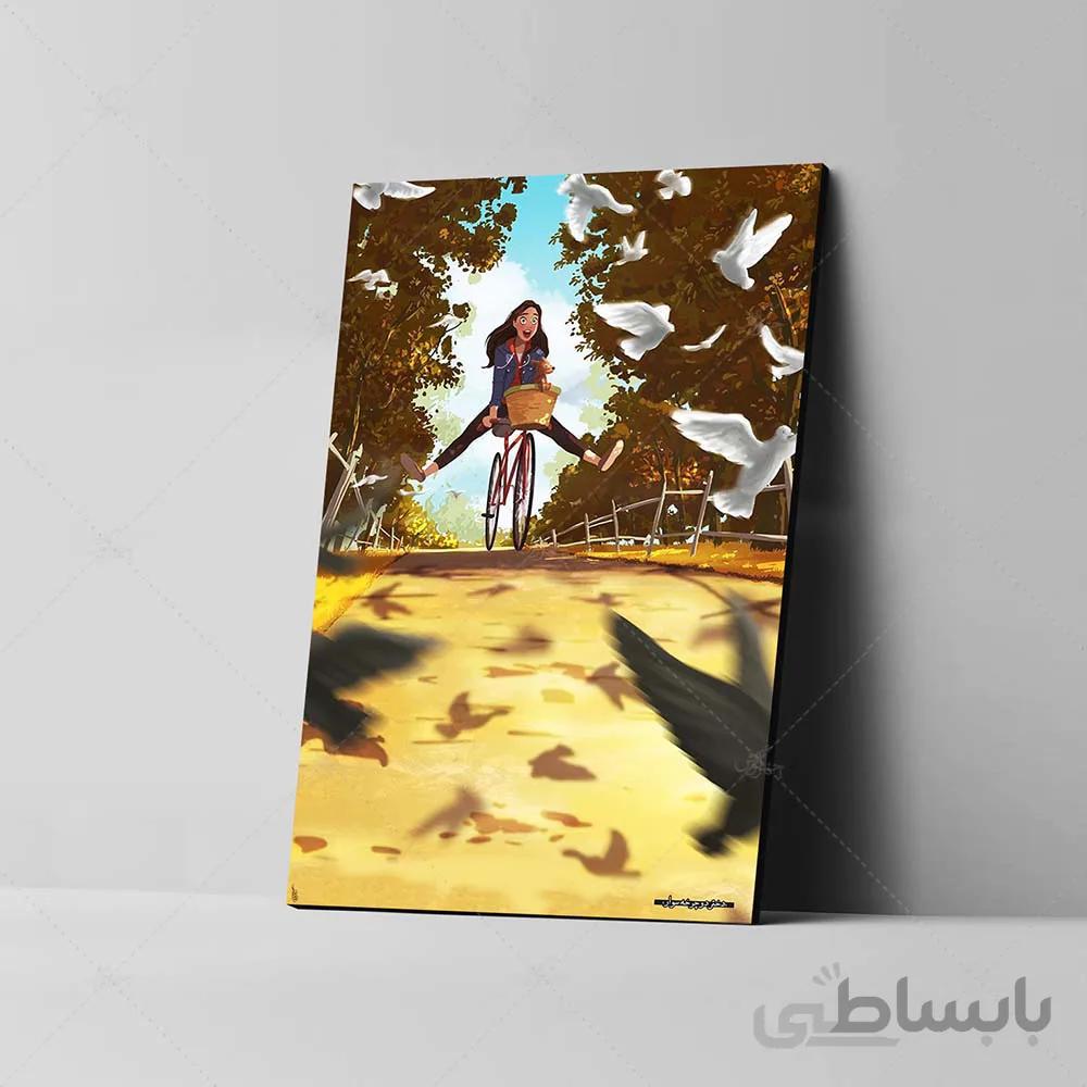 تابلو شاسی آواویز مدل نقاشی طرح دختر دوچرخه سوار کد 4G466