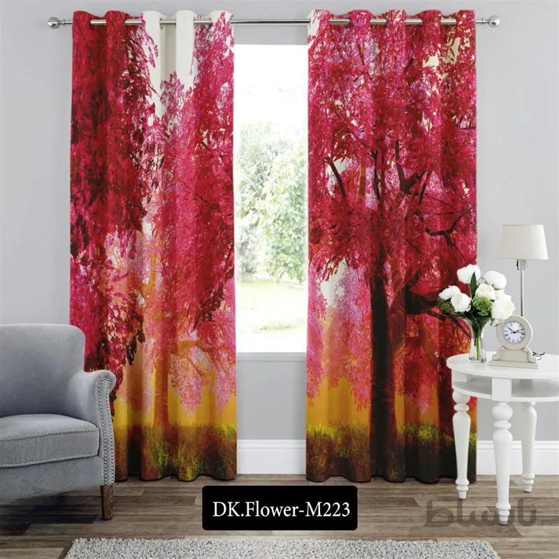 پرده پانچی (هازان و مخمل)کد DK.Flower.M223 طرح گل و منظره جنگل صورتی