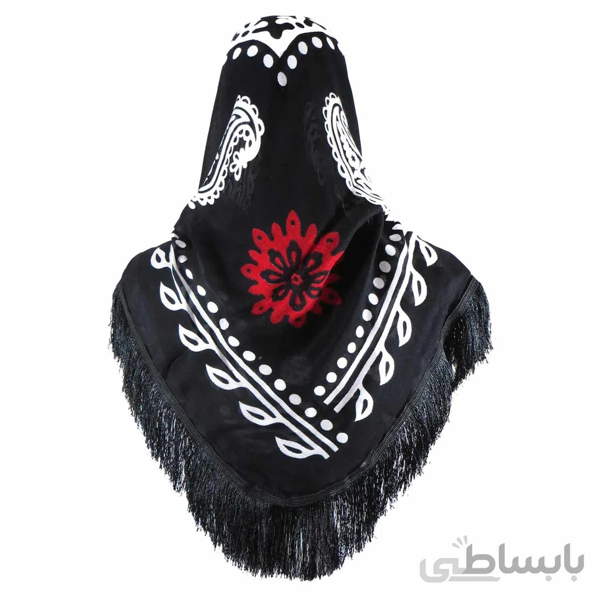 روسری سنتی کردستان رنگ قرمز ریشه دار مشکی 1.5 متری
