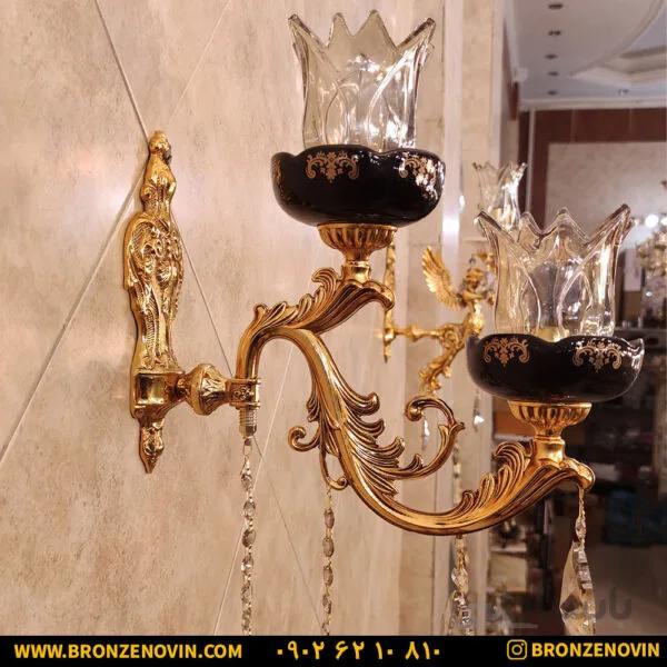 لوستر دیواری برنزی سرامیکی شاخه باربد آبکاری طلا براق