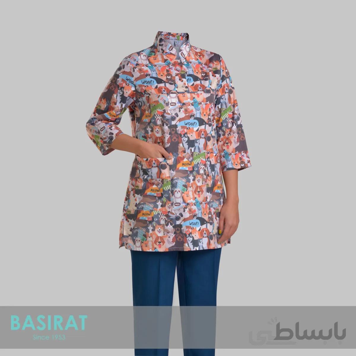 روپوش و شلوار پزشکی یقه دار زنانه طرح سگ و گربه (اسکراب)