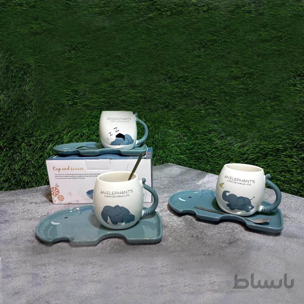 فنجان سرامیکی طرح فیل با قاشق و زیره