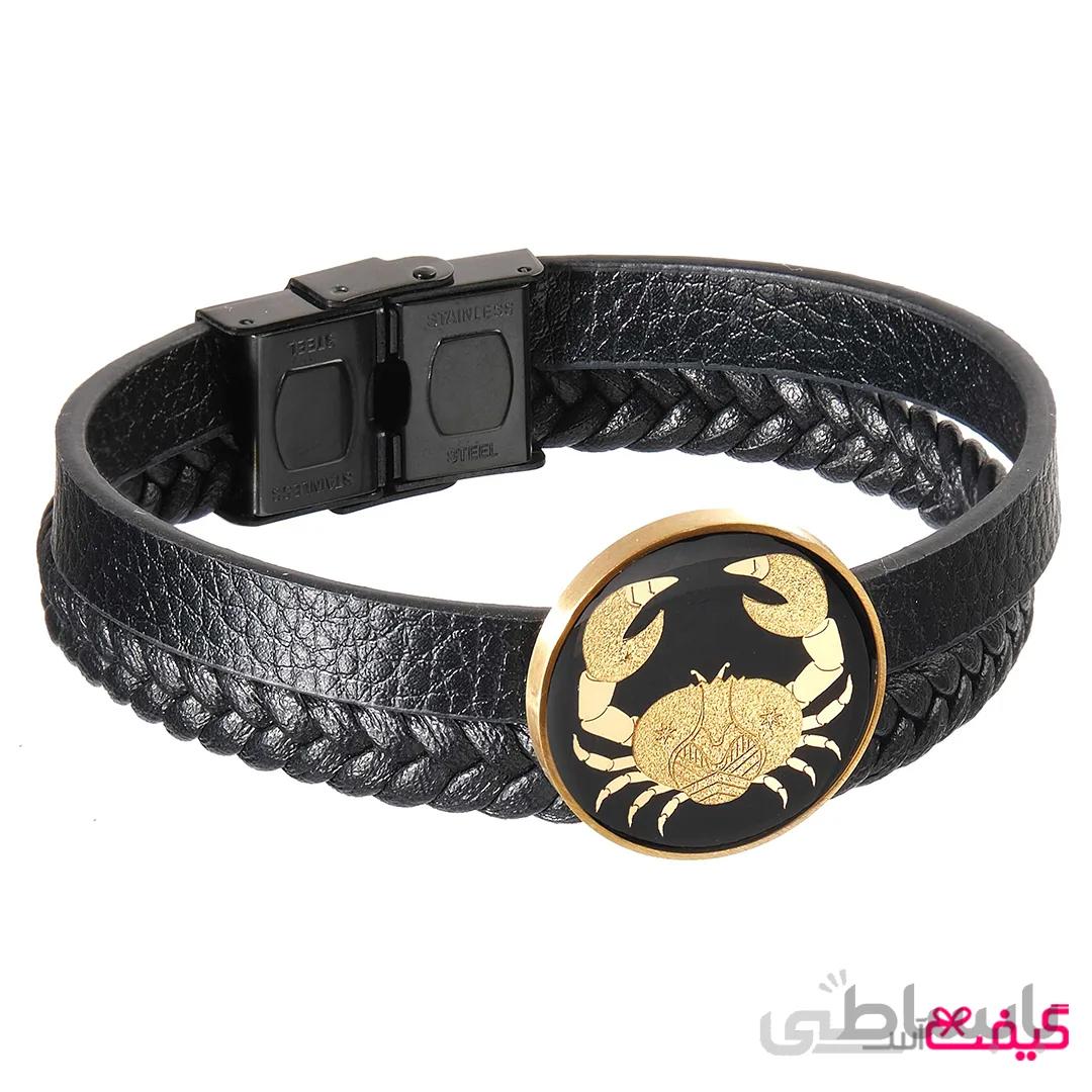 دستبند مردانه چرم با ورق طلا ماه تیر
