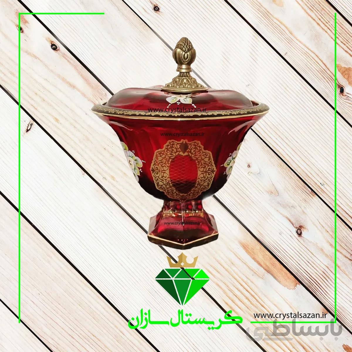 شکلات خوری بزرگ درب دار مدل گل چک قرمز رنگ کریستال سازان کد K1294-2