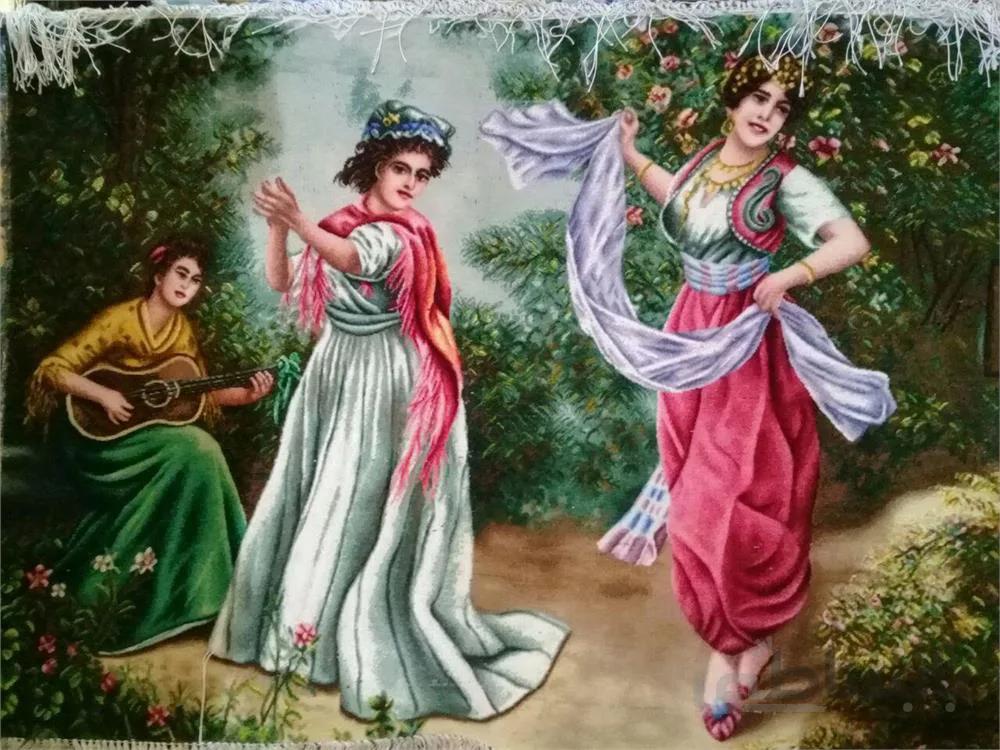 تابلو فرش نفیس ایرانی- دست بافت-طرح زندگی- رقص در بوستان ا Iranian Pictorial Carpet- Handmade- Life Design- Dance in Garden