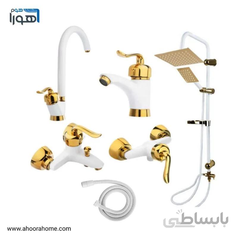 پک شیرآلات مدل آوا سفیدطلایی + علم دوش یونیورست + شلنگ توالت