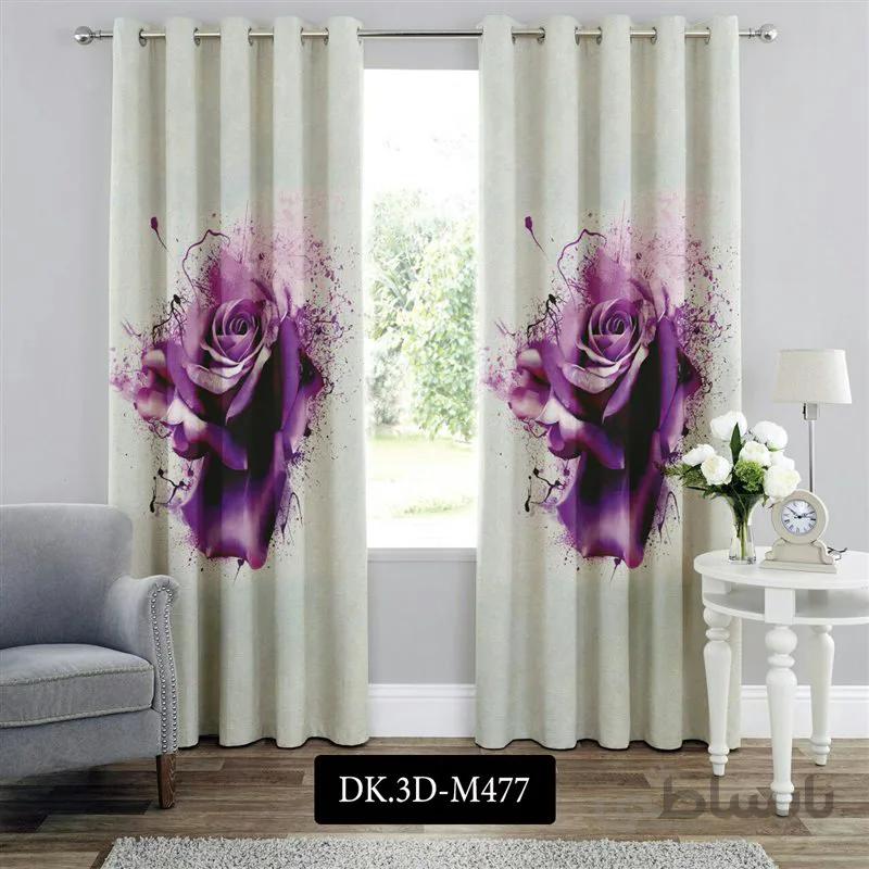 پرده پانچی (هازان و مخمل)کد DK.3D.M477 طرح سه بعدی گلهای بنفش آبرنگی