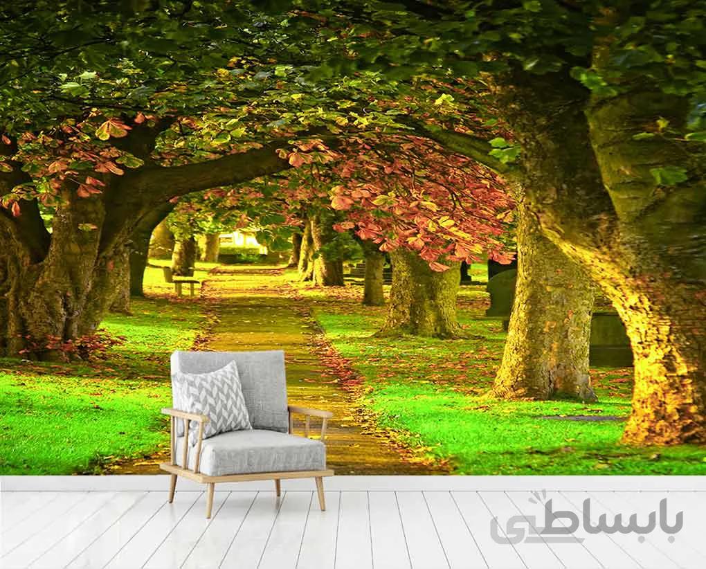کاغذ دیواری سه بعدی منظره ای از جاده سرسبز