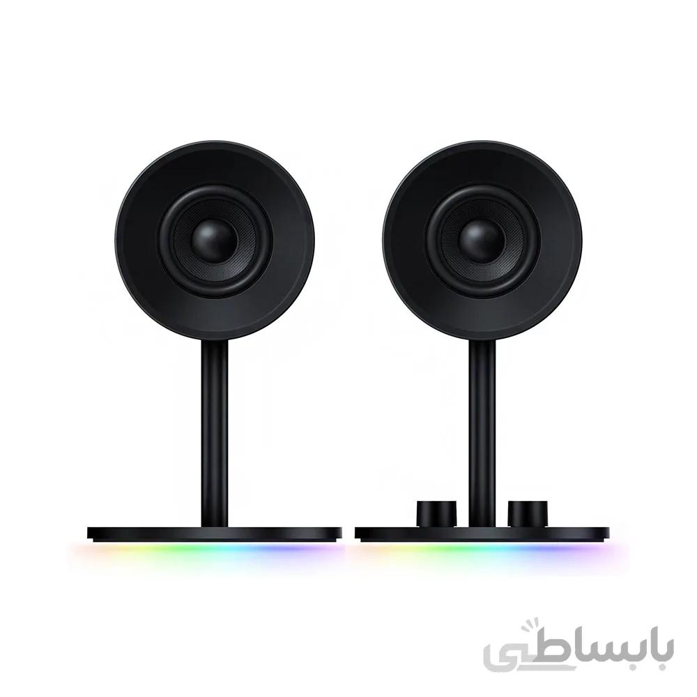 اسپیکر ریزر نامو کروما RGB باس قوی برای غوطه ور شدن صدا سیم های سفارشی بافته شده وپایه اسپیکر از جنس فیبر شیشه ای/رنگ مشکی ا Razer Nommo Chroma: Custom Woven 3" Glass Fiber Drivers - Rear-Facing Bass Ports - Bass Knob w/ Automatic Gain Control - Razer Chroma Enabled - Full Range 2.0 PC Gaming Speakers, Black
