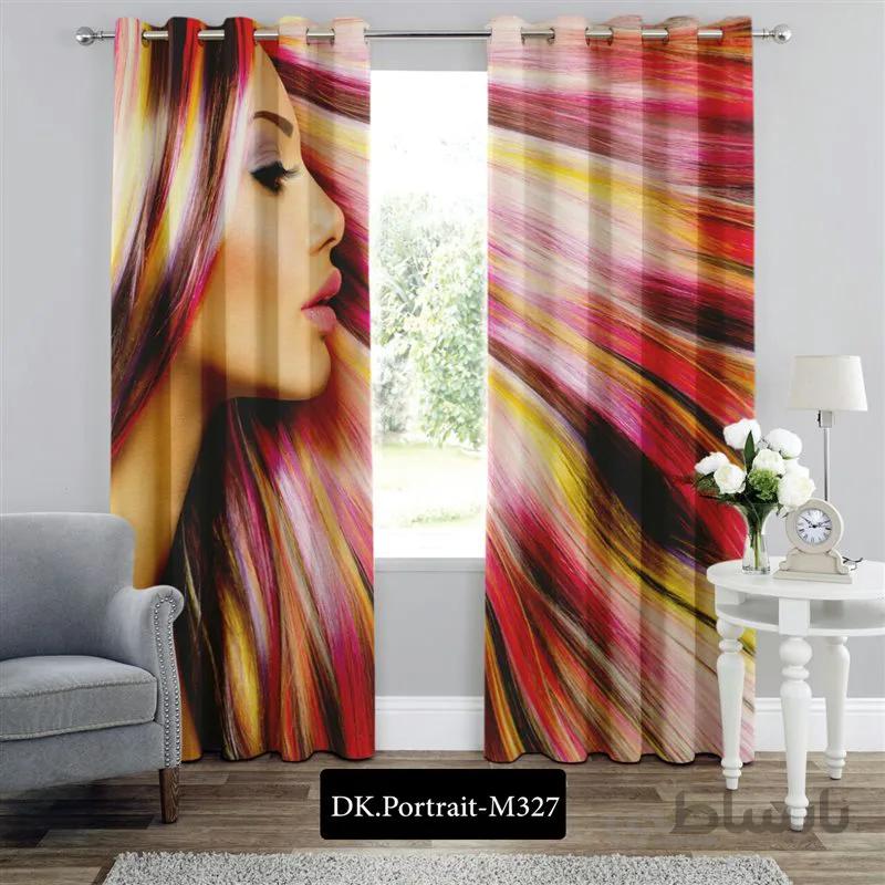 پرده پانچی (هازان و مخمل) کد DK.Portrait.M327 طرح چهره دختر با موهای رنگارنگ