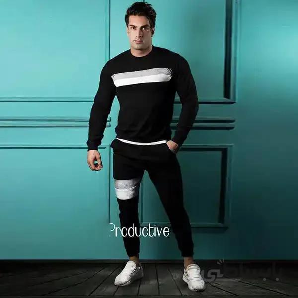 ست مردانه کد 196 سویشرت و شلوار اسلش طرح نوار تک خط جنس دورس ا Men's code set 196 Sweatshirt and slash pants Dors single line stripe design