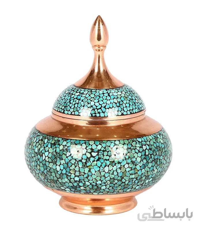 قندان فیروزه کوب مدل مس و فیروزه ارتفاع 21 سانتی متر کد F-07