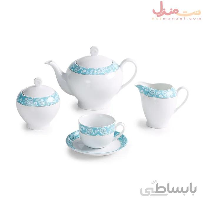 سرویس چای خوری 17 پارچه چینی زرین سری ایتالیا اف مدل سروین فیروزه ای درجه یک