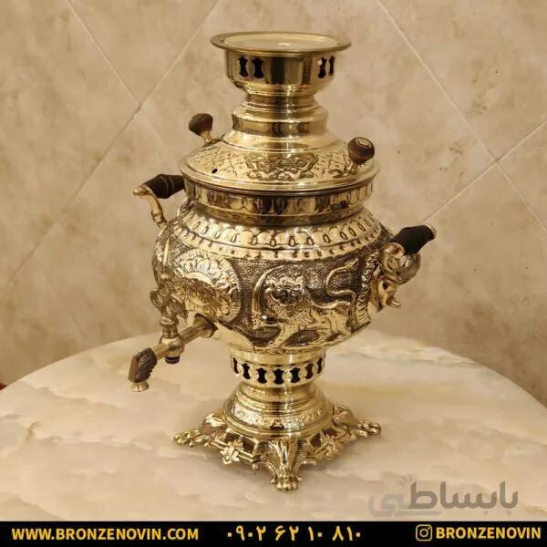سماور شیر و خورشید برنجی زغالی ۴ لیتری قلم دست برجسته