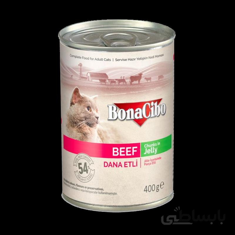 کنسرو غذای گربه بوناسیبو مدل Beef Chunk in Jelly وزن 400 گرم