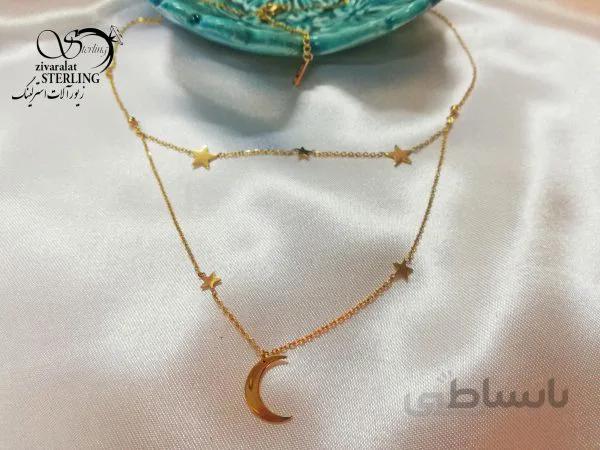 گردنبند استیل زنانه دو زنجیره طرح ماه و ستاره