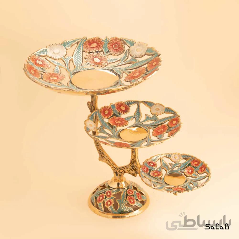 شیرینی خوری برنجی میناکاری پایه دار سه طبقه مدل درختی