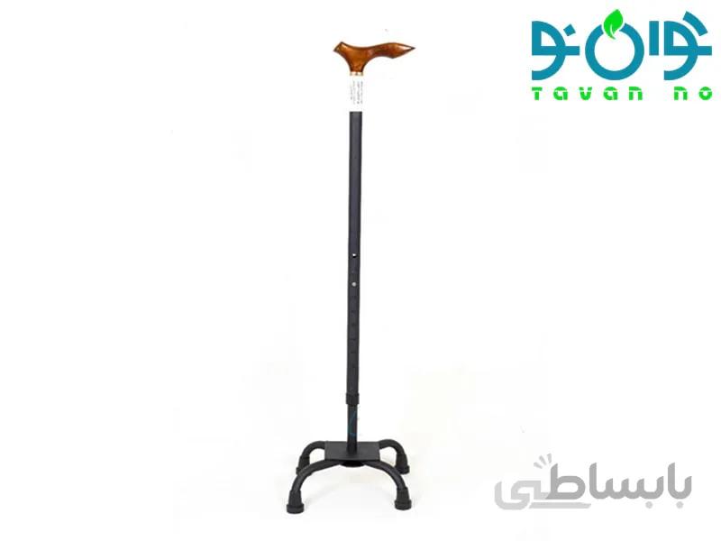عصا چهار پایه فلزی مشکی ماسه ای دسته چوبی مدل T30