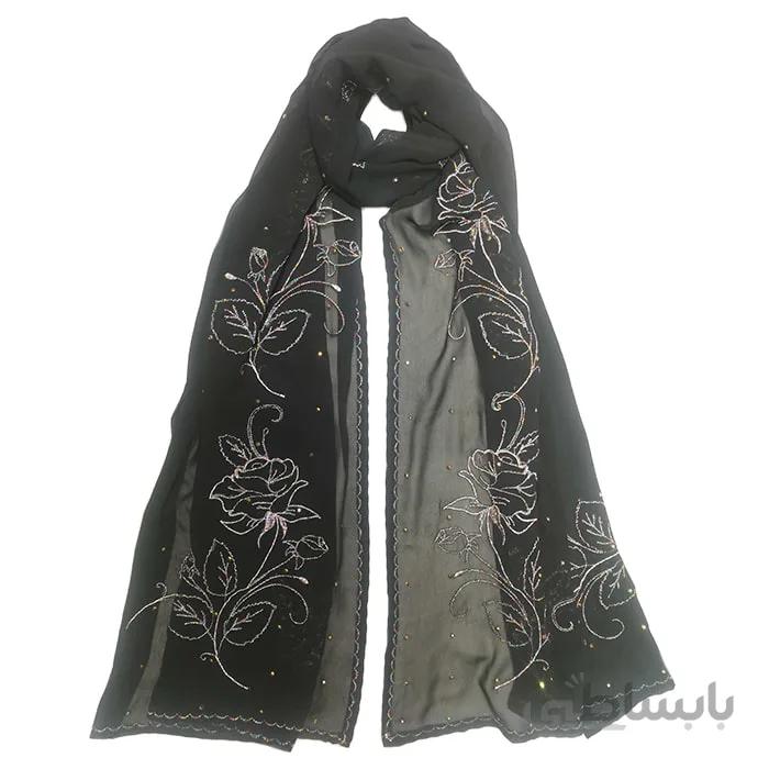 شال زنانه حریر مشکی طرح گل رُز