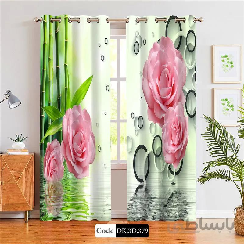 پرده پانچی (هازان و مخمل)کد DK.3D.379 طرح سه بعدی گل های صورتی در آب