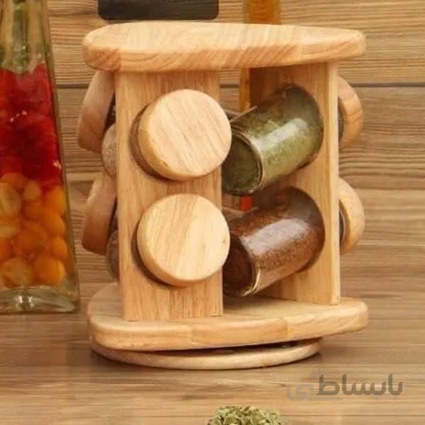 ست جا ادویه 6 پارچه استند چرخشی چوبی مدل 99066