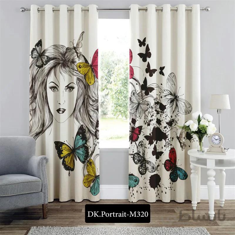 پرده پانچی (هازان و مخمل) کد DK.Portrait.M320 طرح چهره زن و پروانه ها