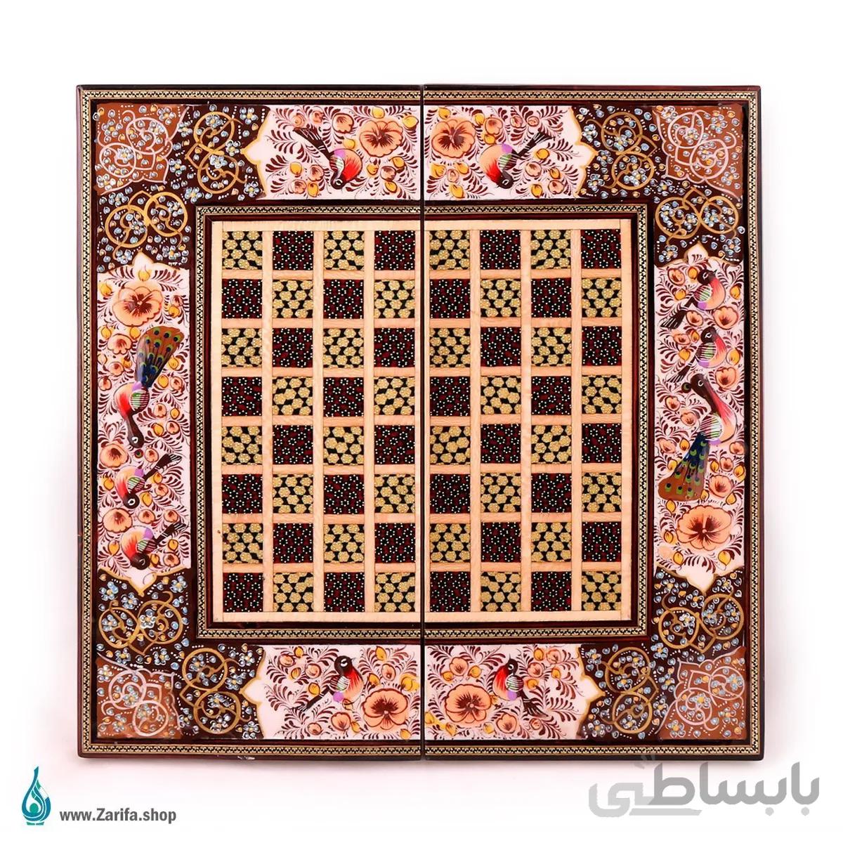 تخته نرد خاتم با نقاشی گل و مرغ داخل راش