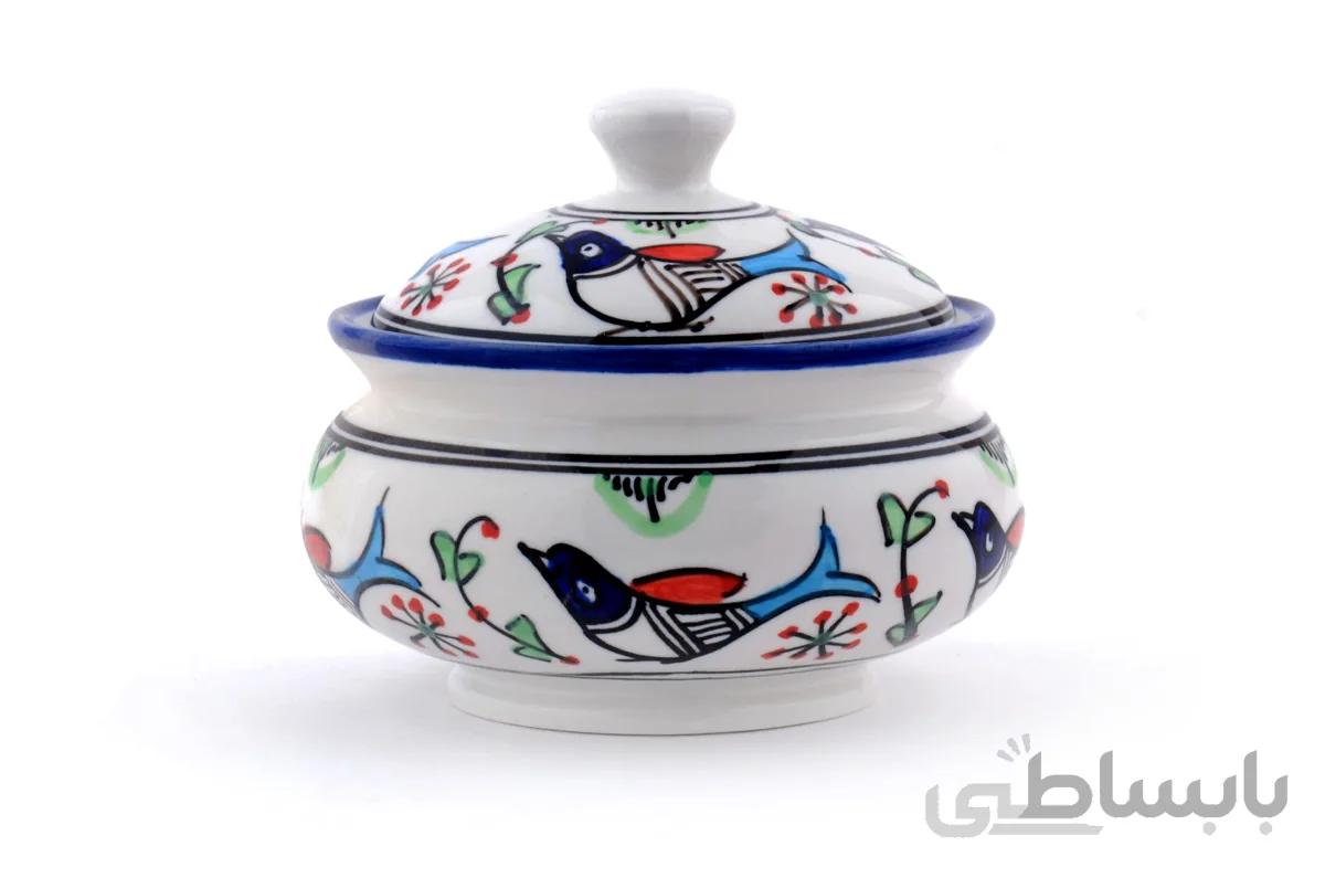 قندان کوچک چینی میبد مروارید نقش مرغی رنگی