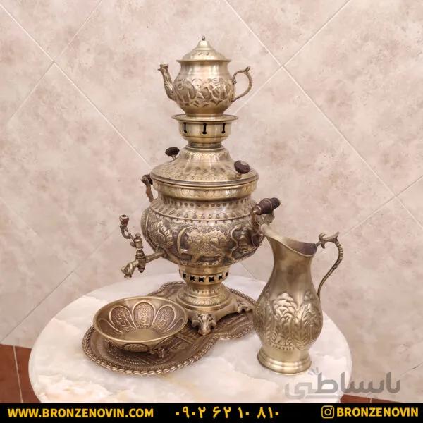 سماور شیر و خورشید زغالی برنجی آنتیک ۸ لیتری با سرویس