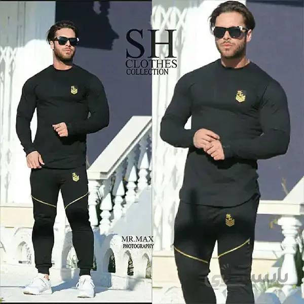 ست مردانه کد 059 تیشرت شلوار مشکی با طرح طلایی جنس دورس تمام کش ا Men's T-shirt set, black and gold pants, made of full-length Dors