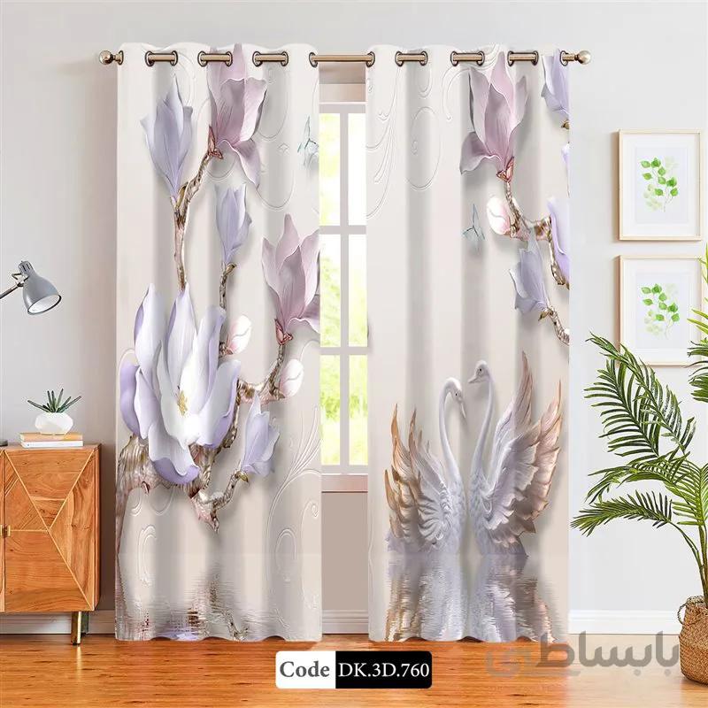 پرده پانچی (هازان و مخمل)کد DK.3D.760 طرح سه بعدی قوها و شاخه های گل