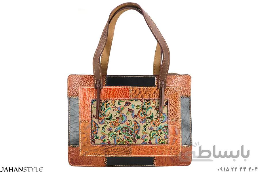 کیف دستی چرم طبیعی چهلتکه ترمه دوزی