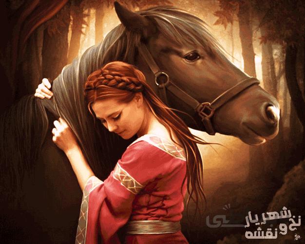 قیمت نخ و نقشه تابلو فرش تبریز طرح دختر و اسب جدید کد j-211