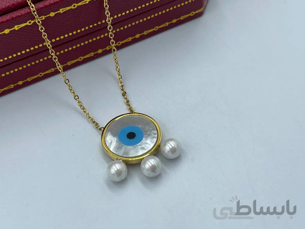 گردنبند چشم نظر صدفی گرد با آویز مروارید