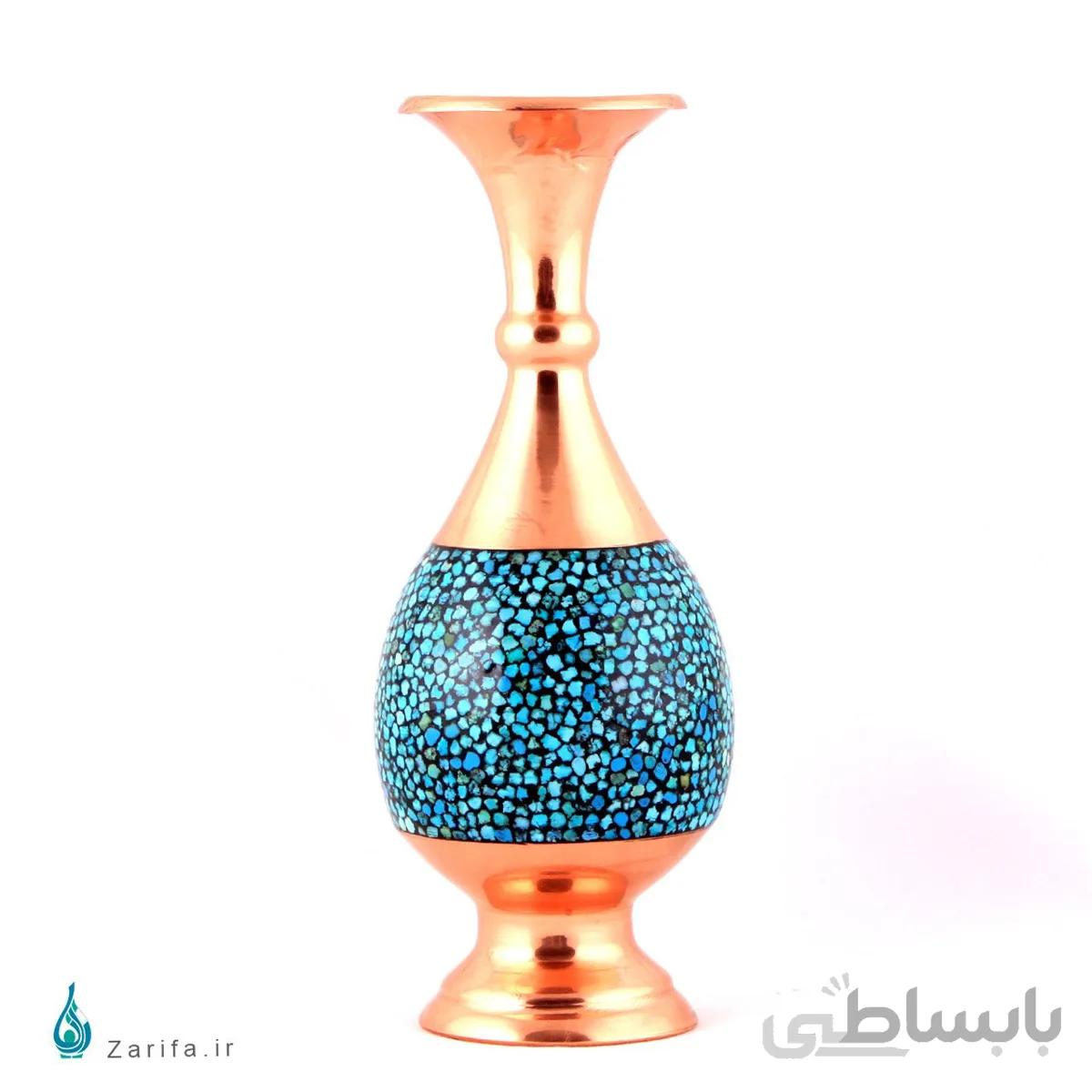 گلدان صراحی فیروزه کوبی مسی ۱۶ سانتی متری