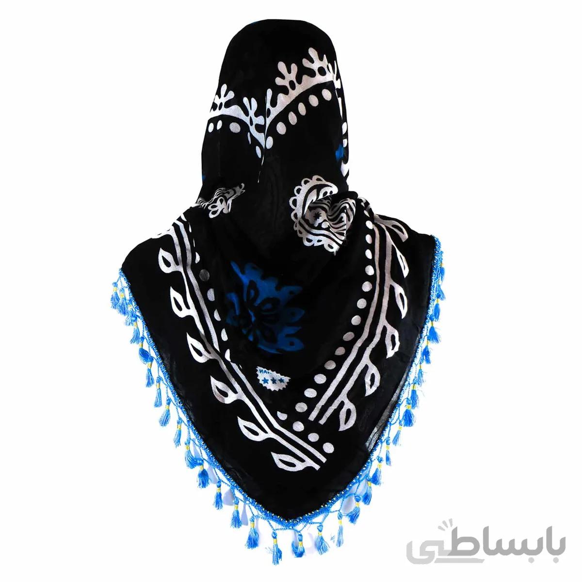 روسری سنتی کردستان رنگ آبی منگوله ی آبی 1.5 متری
