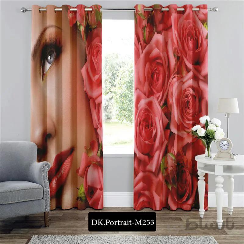 پرده پانچی (هازان و مخمل) کد DK.Portrait.M253 طرح چهره دختر و گل
