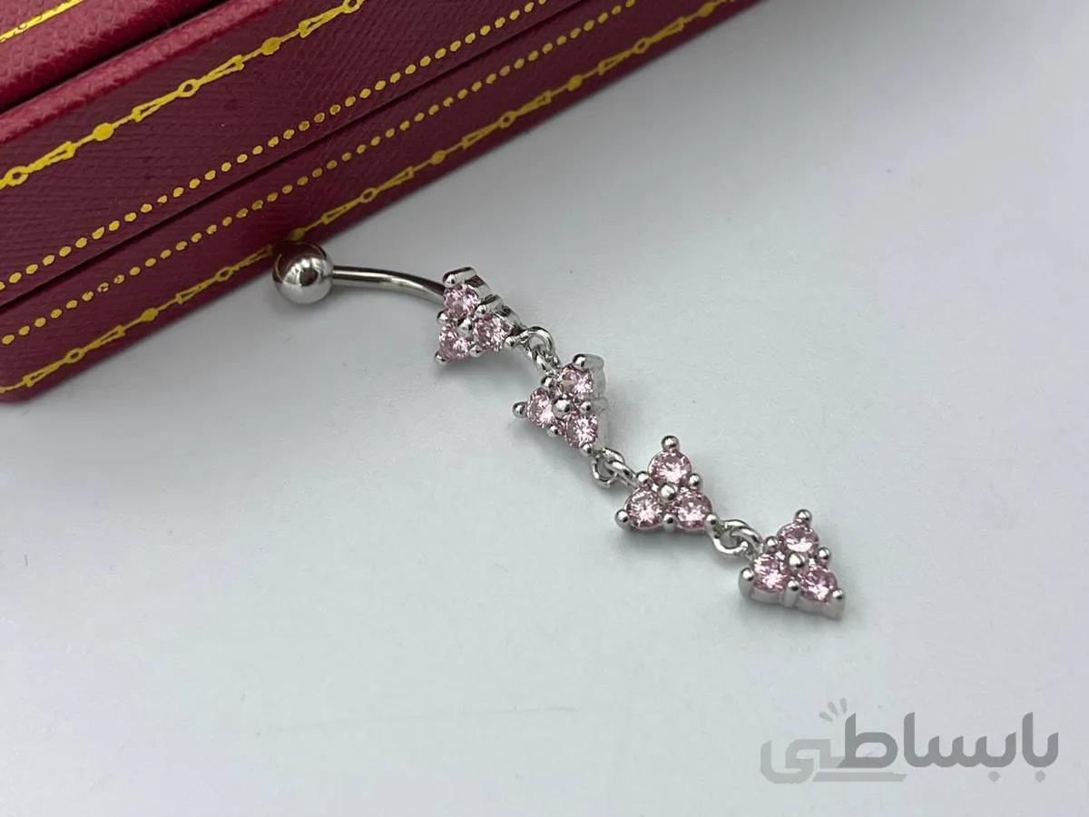 پیرسینگ ناف آویز بلند نگین صورتی