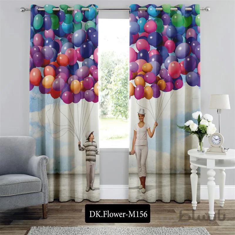 پرده پانچی (هازان و مخمل)کد DK.Flower.M156 طرح گل و منظره بادکنک های رنگارنگ